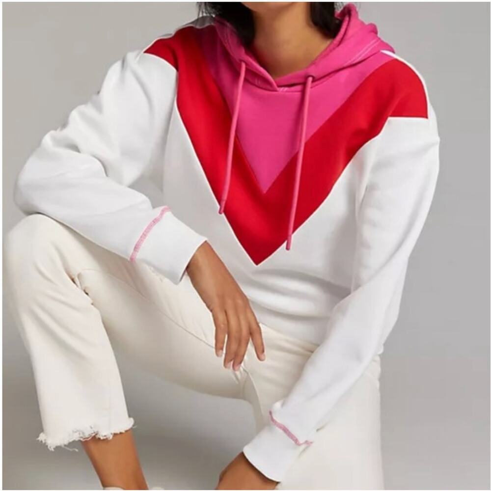 Maeve Colorblocked Chevron Hoodie white pink red sz Med